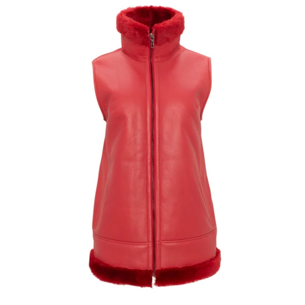 Wolfie Women's Plush Red Dyed Shearling Down Filled Vest NWT L
